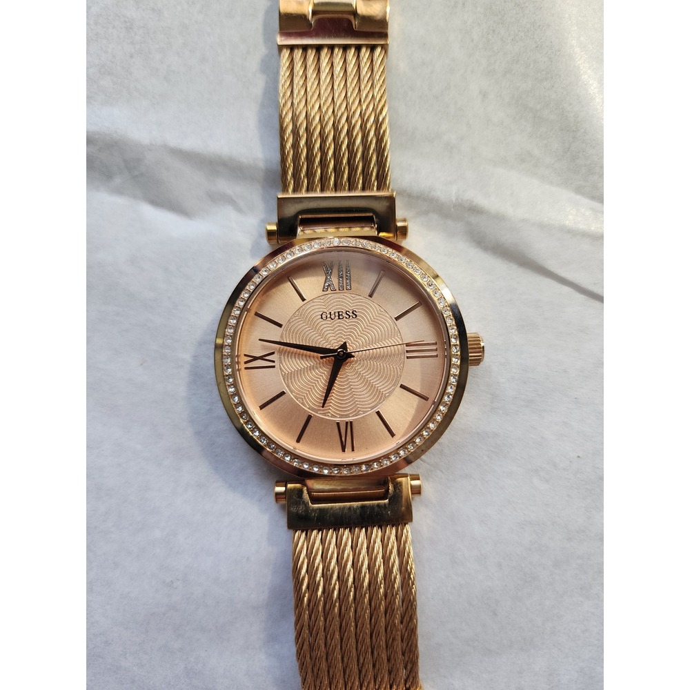 Guess Rose Gold Tone Crystal Bezel Twisted Cable Mesh Watch U0989L2